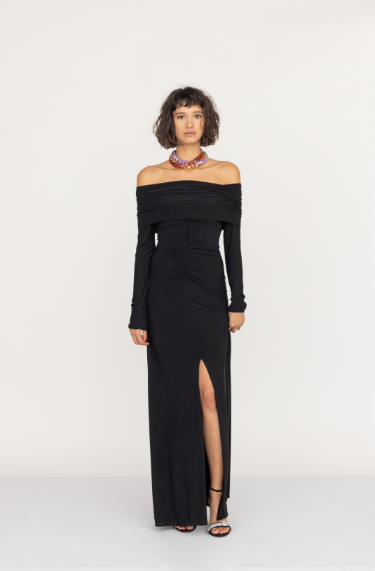 Off-shoulder black maxi viscose dress