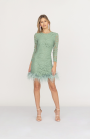Feather-trimmed embellished lace minidress